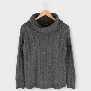 Lauren Ralph Lauren Cable Knit Fisherman Sweater Womens Small Gray Cowl Neck